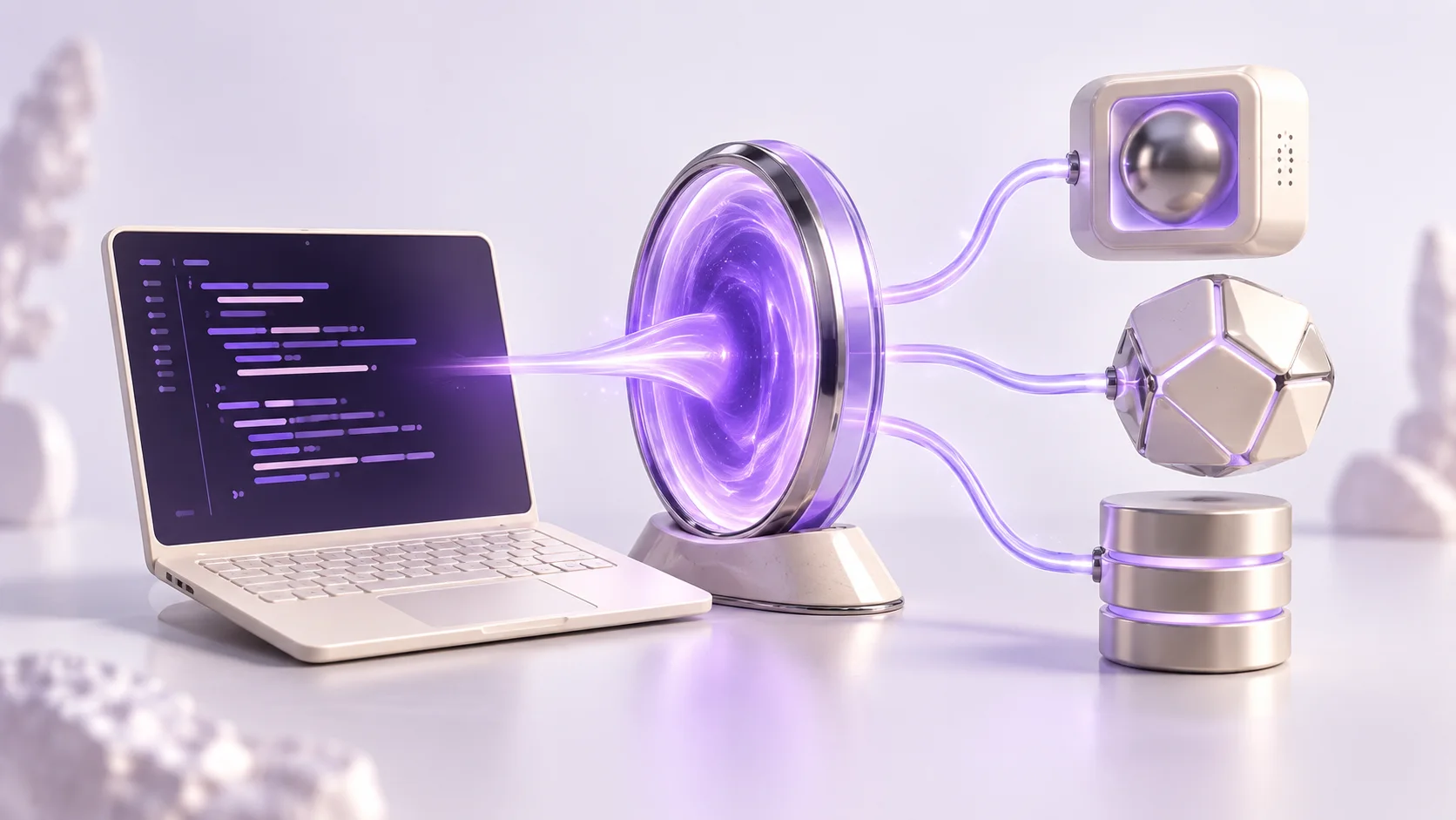 Ноутбук с кодом подключён через фиолетовый шлюз к нескольким AI-моделям